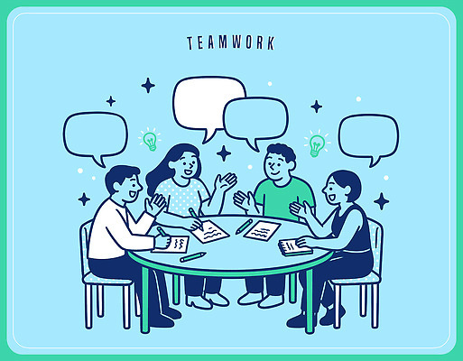 생각 일러스트 회의 협력 아이디어 대화 여러명 공책 작업 그룹 토론 집중 화이트보드 의견 공유 창의성 상호작용 국내일러스트 AI파일 다수 컨셉 비즈니스 문구용품 말하기 사람 파일형식 벡터