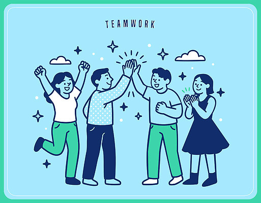 일러스트 응원 모션 성공 협력 함께함 웃음 여러명 기쁨 만남 분위기 동료 즐거움 긍정 하이파이브 소통 순간 연대 참여 국내일러스트 AI파일 감정 다수 컨셉 관계 표정 사람 손짓 파일형식 벡터