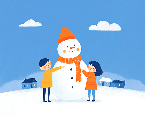 JPG 벽 컬러 백그라운드 겨울 일러스트 눈사람 협력 주택 초원 주황색 눈 원형 즐거움 만들기 장면 놀기 국내일러스트 AI일러스트 AI콘텐츠 자연요소 도형 계절 감정 모션 날씨 건물 파일형식