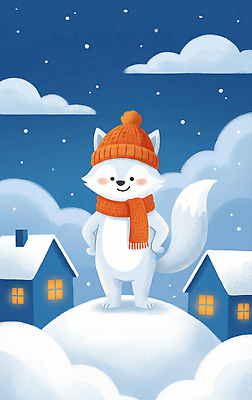 JPG 동물 감정 컬러 포즈 겨울 일러스트 하늘 주택 따뜻함 풍경 귀여움 스카프 눈 눈송이 즐거움 여우 장면 국내일러스트 AI일러스트 AI콘텐츠 자연요소 계절 컨셉 포유류 날씨 눈_날씨 건물 목도리 파일형식