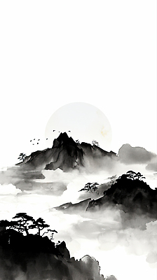 JPG 나무 실루엣 일러스트 자연 바람 산 흑백 수묵화 풍경 태양 일출 고요 대기 그림 조경 윤곽 조화 목가 국내일러스트 AI일러스트 AI콘텐츠 자연요소 식물 날씨 촬영기법 미술 노을 생태계 파일형식