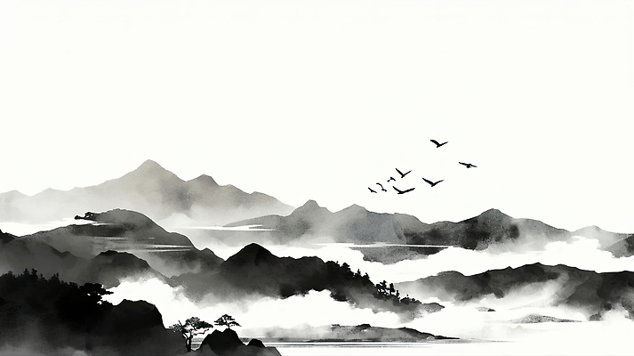 JPG 나무 동물 일러스트 자연 조류 하늘 수채화 산 수묵화 풍경 물 반사 일출 일몰 비행 수면 숲 그림 국내일러스트 AI일러스트 AI콘텐츠 자연요소 식물 미술 노을 생태계 파일형식