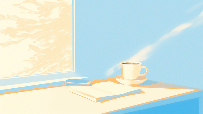 JPG 여유 커피 음료 일러스트 창문 탁자 휴식 거리 일상 책 독서 햇빛 소리 방 창가 책상 오브젝트 주말 순간 오후 국내일러스트 AI일러스트 AI콘텐츠 감정 가구 컨셉 라이프 태양 파일형식