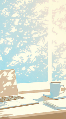 JPG 커피 이동 일러스트 창문 아침 휴식 나뭇잎 그림자 노트북 학습 사무실 햇빛 공간 작업 편안함 커피잔 집중 창가 책상 소음 오후 국내일러스트 AI일러스트 AI콘텐츠 주간 교육 음료 가구 컨셉 잎 비즈니스 잔 전자제품 태양 소리 감각 파일형식