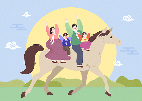 한국전통 전통 감정 아시아 스포츠 포유류 가족 관계 표정 사람 태양 전통의상 연도 파일형식 2026년 말_동물 말 한복 승마 한국 어린이 부모 아빠 엄마 행복 즐거움 미소 풍경 하늘 초원 햇빛 국내일러스트 일러스트 PSD 병오년