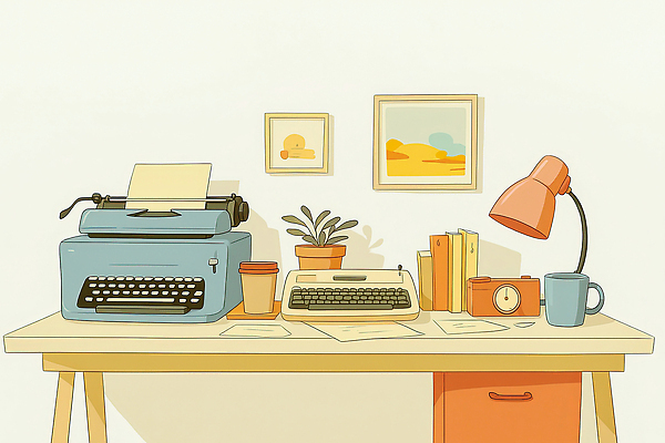 JPG 식물 백그라운드 일러스트 아침 휴식 책 사무실 작업 커피잔 집중 책상 오브젝트 그림 문서 정리 타자기 밝은색 오후 창의력 국내일러스트 AI일러스트 AI콘텐츠 주간 커피 가구 컨셉 비즈니스 잔 골동품 파일형식