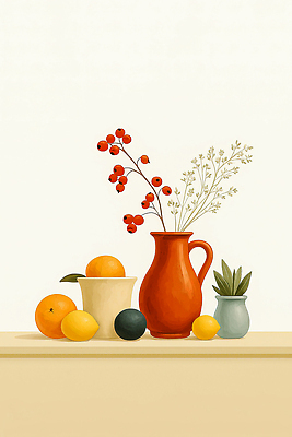 식물 계절 가구 과일 내부 그림 생태계 파일형식 정물화 꽃 주방 탁자 레몬 아보카도 화분 장식 여름 실내 컬러 조화 자연 디자인 단순화된 구성 국내일러스트 일러스트 JPG