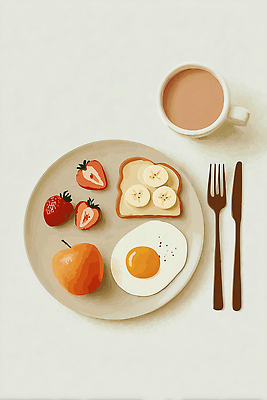 JPG 접시 음료 음식 빵 포크 과일 일러스트 탁자 딸기 아침 바나나 건강 요리 컵 계란 식사 칵테일 나이프 사과 간편조리식품 국내일러스트 AI일러스트 AI콘텐츠 주간 식기 가구 주류 알 칼 파일형식