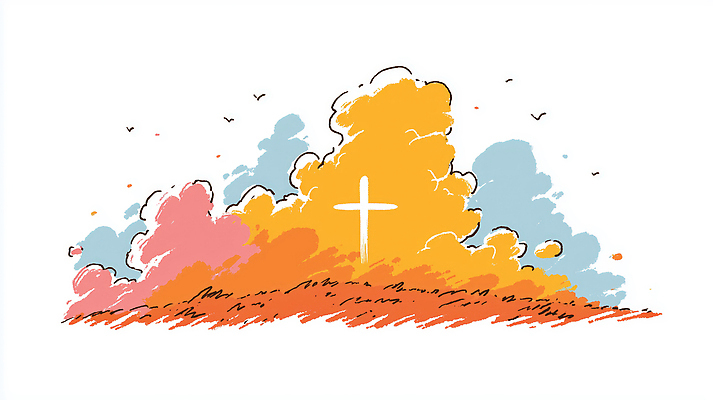 JPG 기독교 종교 예술 상징 분홍색 컬러 십자가 프로포즈 일러스트 자연 하늘 풍경 파란색 주황색 희망 저녁 그림 예배 국내일러스트 AI일러스트 AI콘텐츠 감정 야간 생태계 파일형식