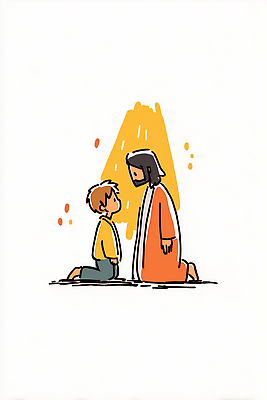 JPG 교육 감정 종교 어린이 포즈 일러스트 대화 사람 소년 성인 노란색 만남 기도 예수 무릎꿇기 그림 소통 순간 국내일러스트 AI일러스트 AI콘텐츠 남자 컬러 컨셉 모션 말하기 신_종교 파일형식