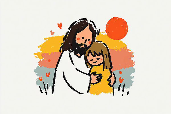 JPG 행복 감정 어린이 백그라운드 일러스트 관계 포옹 자연 따뜻함 사랑 미소 사람 노란색 일몰 하트 예수 그림 화사함 국내일러스트 AI일러스트 AI콘텐츠 모양 컬러 컨셉 안기 표정 노을 신_종교 생태계 파일형식