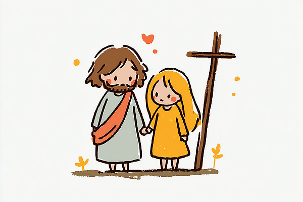 JPG 꽃 행복 기독교 종교 상징 십자가 일러스트 동화 따뜻함 이야기 사랑 소녀 친구 손잡기 만남 예수 그림 교훈 국내일러스트 AI일러스트 AI콘텐츠 식물 여자 감정 어린이 컨셉 관계 모션 신_종교 파일형식