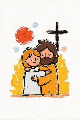 JPG 행복 감정 종교 어린이 상징 십자가 일러스트 가족 포옹 함께함 사랑 미소 태양 기쁨 아기 예수 보호 그림 교훈 국내일러스트 AI일러스트 AI콘텐츠 자연요소 컨셉 관계 안기 표정 사람 신_종교 파일형식