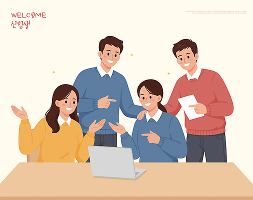 학생 감정 가구 다수 컨셉 비즈니스 학교 관계 표정 말하기 사람 이벤트 전자제품 파일형식 벡터 신입생 환영회 여러명 컴퓨터 대화 웃음 탁자 친구 모임 협력 함께함 사무실 교육 정보 스크린 참여 모션 즐거움 국내일러스트 일러스트 AI파일 대학교