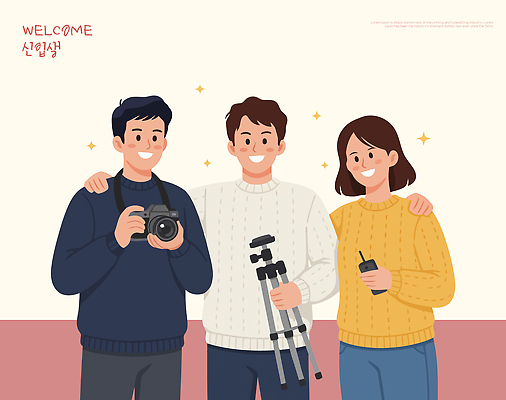 학생 감정 컨셉 학교 관계 조명 말하기 사람 전자제품 핸드폰 스마트기기 파일형식 벡터 촬영 카메라 삼각대 스마트폰 그룹 친구 모션 준비 즐거움 취미 예술 세명 손전등 대화 협력 분위기 국내일러스트 일러스트 AI파일 대학교 신입생