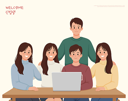 학생 가구 컨셉 회사 비즈니스 학교 관계 표정 말하기 전자제품 파일형식 벡터 노트북 대화 탁자 웃음 스크린 모션 회의 함께함 소통 그룹 사람 따뜻함 동료 직장 친목 국내일러스트 일러스트 AI파일 대학교 신입생