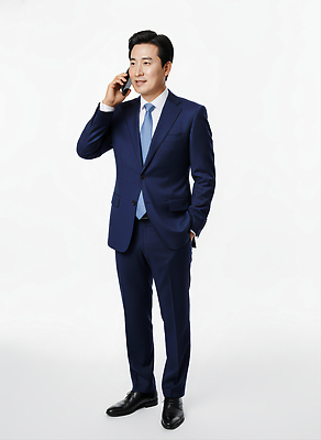 JPG 편집이미지 옷 남자 비즈니스 표정 대화 정장 스마트폰 핸드폰 자신감 남성복 흰배경 통화 의료성형뷰티 편집실사 AI인물포토 AI콘텐츠 감정 백그라운드 모션 말하기 사람 전자제품 스마트기기 흰색 CG 파일형식 AI포토