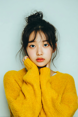 JPG 편집이미지 손 여자 감정 얼굴 포즈 백그라운드 청춘 노란색 카메라 표현 스웨터 영상 의료성형뷰티 스타일 편집실사 AI인물포토 AI콘텐츠 컬러 컨셉 상의 사람 신체부위 전자제품 CG 파일형식 AI포토