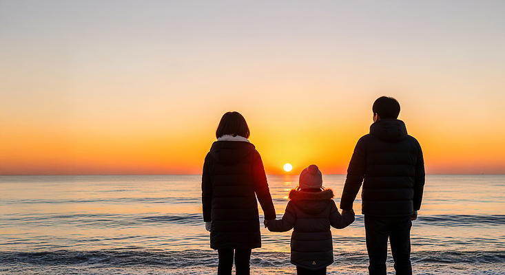 JPG 편집이미지 행복 물결 바다 여행 가족 자연 하늘 풍경 해변 부모 손잡기 일몰 저녁 공동체 순간 의료성형뷰티 편집실사 AI인물포토 AI콘텐츠 감정 관계 모션 노을 야간 CG 생태계 파일형식 AI포토