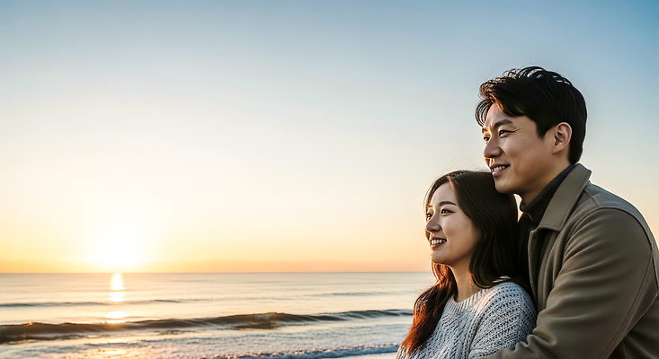 JPG 편집이미지 커플 바다 하늘 바람 함께함 따뜻함 사랑 웃음 사람 풍경 해변 일몰 저녁 순간 의료성형뷰티 편집실사 AI인물포토 AI콘텐츠 자연요소 감정 컨셉 관계 날씨 표정 노을 야간 CG 파일형식 AI포토
