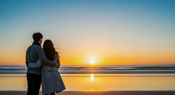 JPG 편집이미지 커플 감정 바다 자연 하늘 아침 사랑 풍경 해변 두명 일몰 연애 오후 의료성형뷰티 편집실사 AI인물포토 AI콘텐츠 주간 관계 사람 노을 CG 생태계 파일형식 AI포토