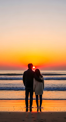 JPG 편집이미지 커플 여유 파도 바다 자연 사랑 사람 해변 태양 일몰 산책 저녁 순간 의료성형뷰티 수평선 편집실사 AI인물포토 AI콘텐츠 자연요소 감정 관계 휴식 노을 야간 CG 생태계 파일형식 AI포토