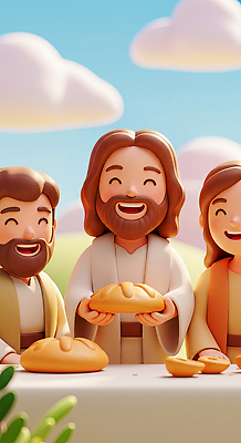 JPG 편집이미지 빵 하늘 따뜻함 웃음 사람 소풍 성경 기쁨 만남 예수 축복 장면 나누기 공동체 편집3D AI컴퓨터그래픽 AI콘텐츠 감정 음식 컨셉 종교용품 표정 야외활동 3D 신_종교 파일형식