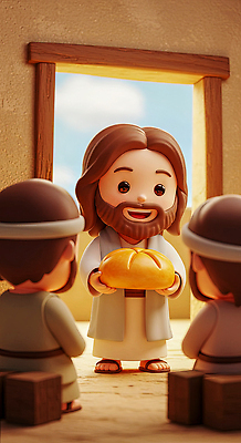 JPG 편집이미지 종교 빵 이야기 대화 웃음 성경 기쁨 예수 기적 장면 제자 나누기 편집3D AI컴퓨터그래픽 AI콘텐츠 감정 음식 종교용품 표정 말하기 3D 신_종교 파일형식