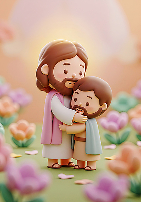 JPG 편집이미지 캐릭터 행복 어린이 꽃밭 가족 관계 포옹 자연 동화 사랑 사람 햇빛 예수 장면 뷰티풀 편집3D AI컴퓨터그래픽 AI콘텐츠 꽃 감정 안기 태양 3D 신_종교 생태계 파일형식