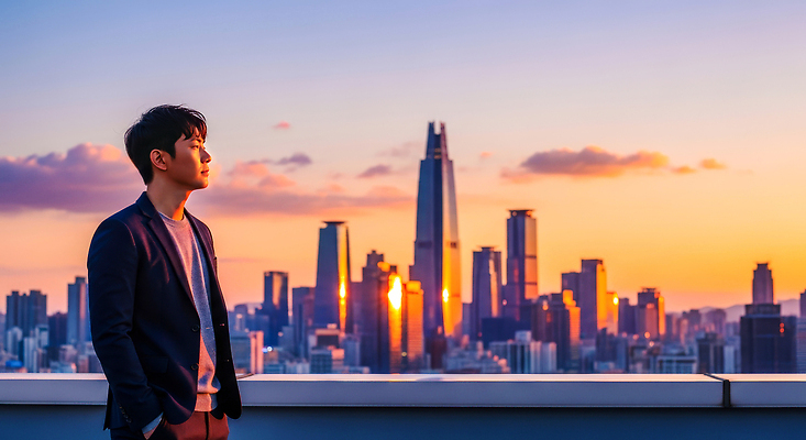 JPG 편집이미지 남자 하늘 주택 서울 풍경 일상 노을 고층빌딩 일몰 감상 도시 저녁 의료성형뷰티 편집실사 AI인물포토 AI콘텐츠 자연요소 한국 사람 빌딩 건물 라이프 야간 CG 파일형식 AI포토