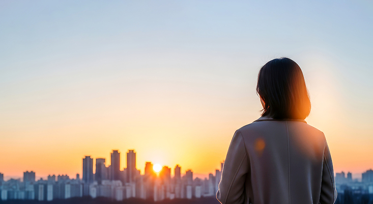 JPG 편집이미지 응시 여자 자연 하늘 풍경 빌딩 태양 일출 고요 일몰 도시 뷰티풀 오후 의료성형뷰티 편집실사 AI인물포토 AI콘텐츠 자연요소 시선 사람 건물 노을 CG 생태계 파일형식 AI포토