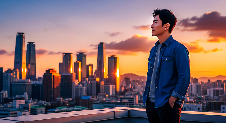 JPG 편집이미지 남자 야경 하늘 서울 사람 풍경 건물 뒷모습 고층빌딩 일몰 도시 전망대 의료성형뷰티 편집실사 AI인물포토 AI콘텐츠 건축물 뷰포인트 한국 빌딩 노을 야간 CG 파일형식 풍경_경치 AI포토
