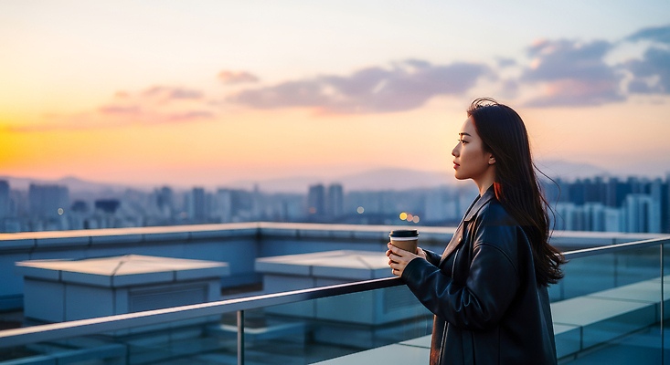 JPG 편집이미지 응시 여자 커피 컬러 하늘 지붕 풍경 건물 일몰 도시 저녁 옥상 대도시 의료성형뷰티 차분 편집실사 AI인물포토 AI콘텐츠 건축물 시선 음료 컨셉 사람 노을 야간 CG 파일형식 AI포토