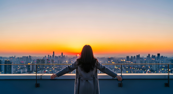 JPG 편집이미지 손 응시 여자 하늘 바람 아파트 풍경 건물 빛 일몰 발코니 도시 저녁 팔 의료성형뷰티 편집실사 AI인물포토 AI콘텐츠 자연요소 건축물 시선 날씨 주택 사람 신체부위 노을 야간 CG 파일형식 AI포토
