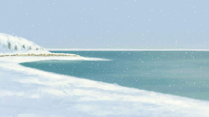 JPG 나무 바다 낙엽 겨울 일러스트 자연 하늘 바람 날씨 풍경 해변 새벽 눈송이 조용 수평선 국내일러스트 AI일러스트 AI콘텐츠 자연요소 식물 계절 잎 눈_날씨 생태계 파일형식