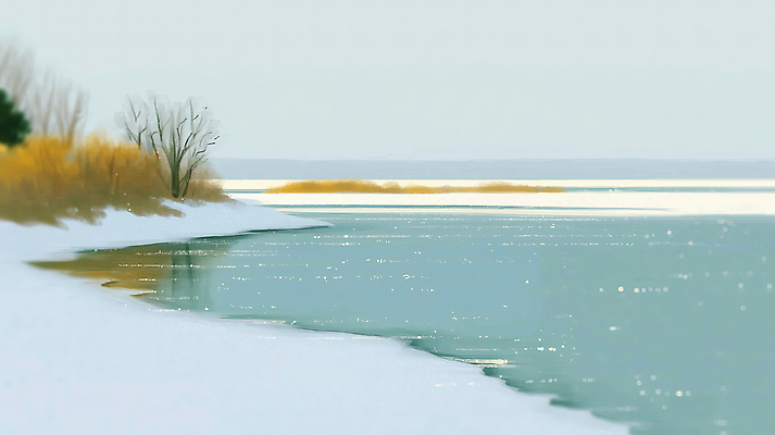 JPG 나무 호수 겨울 일러스트 자연 하늘 바람 날씨 눈꽃 풍경 해변 반사 얼음 고요 물가 수면 수중식물 차가움 국내일러스트 AI일러스트 AI콘텐츠 자연요소 식물 계절 바다 눈_날씨 물 생태계 파일형식