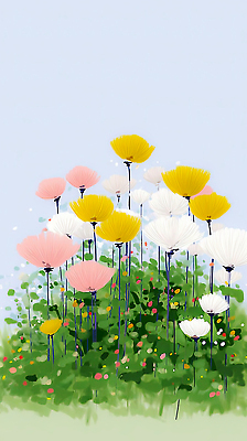 JPG 식물 계절 꽃 분홍색 컬러 꽃밭 일러스트 자연 하늘 생명 풍경 잔디 여름 노란색 정원 들꽃 높이 뷰티풀 국내일러스트 AI일러스트 AI콘텐츠 생태계 파일형식