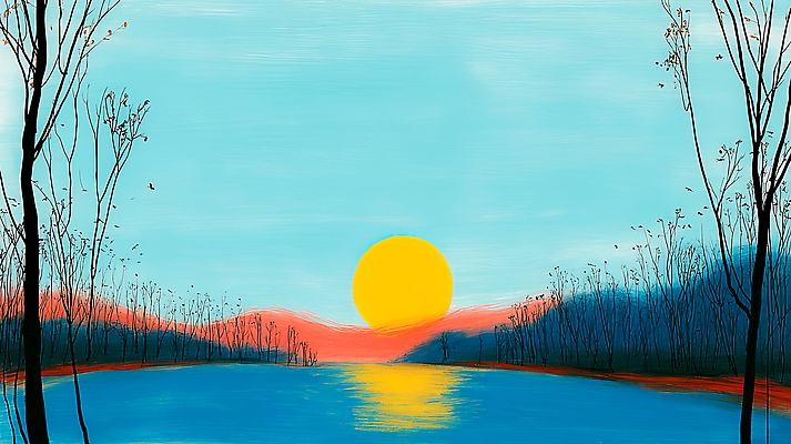 JPG 나무 식물 컬러 백그라운드 일러스트 자연 하늘 산 풍경 물 빛 강 태양 노을 일몰 표현 그리기 수면 조용 국내일러스트 AI일러스트 AI콘텐츠 자연요소 모션 생태계 파일형식