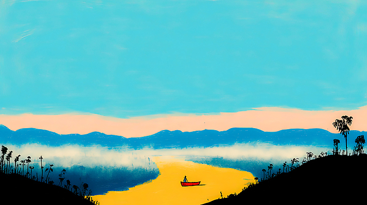 JPG 나무 컬러 여행 이동 일러스트 자연 하늘 산 사람 풍경 물 여름 강 일출 고요 일몰 탐험 연못 보트 수면 국내일러스트 AI일러스트 AI콘텐츠 자연요소 식물 계절 컨셉 배_교통 노을 생태계 파일형식