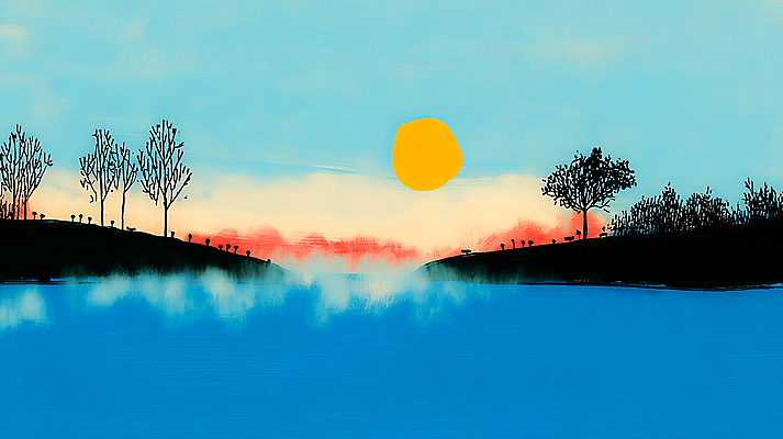 JPG 나무 컬러 일러스트 자연 하늘 그림자 풍경 일상 물 여름 강 태양 일몰 산책 나뭇가지 지평선 조용 수평선 국내일러스트 AI일러스트 AI콘텐츠 자연요소 식물 계절 휴식 라이프 노을 생태계 파일형식