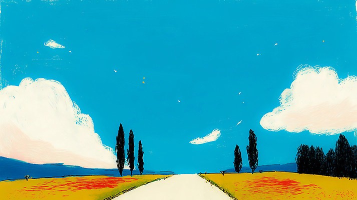 JPG 나무 도로 길 예술 컬러 백그라운드 일러스트 자연 하늘 풍경 초원 그래픽 여름 파란색 햇빛 노란색 그림 풍경화 수평선 국내일러스트 AI일러스트 AI콘텐츠 식물 계절 교통시설 태양 생태계 파일형식