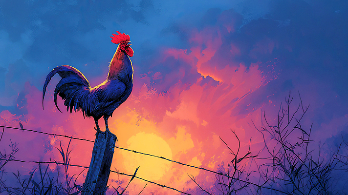 JPG 동물 컬러 일러스트 자연 하늘 아침 바람 조명 풍경 울타리 농장 일출 소리 새벽 수확 닭 고리 지평선 산뜻 국내일러스트 AI일러스트 AI콘텐츠 주간 자연요소 컨셉 농업 조류 날씨 담장 노을 생태계 파일형식