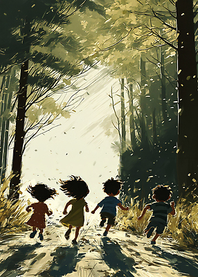 JPG 나무 꽃 길 어린이 일러스트 모션 자연 바람 웃음 친구 달리기 햇빛 머리카락 도전 저녁 숲 즐거움 국내일러스트 AI일러스트 AI콘텐츠 자연요소 식물 감정 관계 날씨 표정 사람 태양 머리 야간 생태계 파일형식