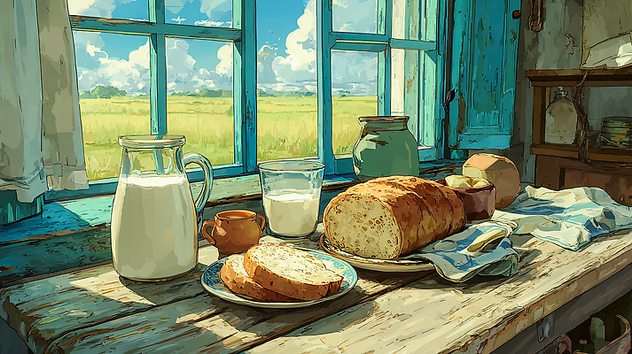 JPG 음식 빵 일러스트 창문 자연 식탁 탁자 주방용품 아침 주택 실내 초원 목재 컵 햇빛 농장 식사 우유 항아리 밀 창가 국내일러스트 AI일러스트 AI콘텐츠 주간 나무 식기 가구 생활용품 농업 재료 유제품 곡류 내부 건물 태양 도자기 생태계 파일형식