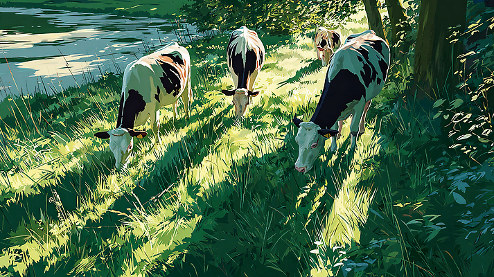 JPG 나무 동물 여유 일러스트 모션 자연 아침 풍경 초원 초록색 여름 햇빛 농장 목장 산책 소 오후 국내일러스트 AI일러스트 AI콘텐츠 주간 식물 계절 감정 컬러 농업 포유류 휴식 태양 생태계 파일형식