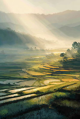 JPG 농업 일러스트 자연 하늘 아침 산 풍경 초원 농작물 햇빛 환경 농사 희망 수확 저녁 지역 조화 논밭 국내일러스트 AI일러스트 AI콘텐츠 주간 감정 산업 밭 논 태양 야간 생태계 파일형식