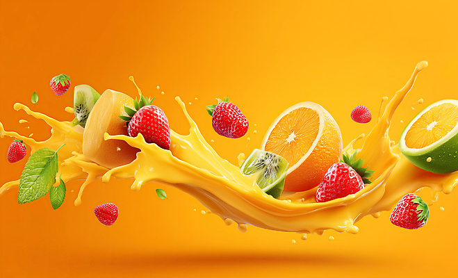 JPG 편집이미지 물결 음료 백그라운드 과일 딸기 건강 키위 요리 노란색 주스 신선 상큼 비타민 풍요 스플래쉬 이미지편집 AI컴퓨터그래픽 AI콘텐츠 컬러 컨셉 영양소 파일형식