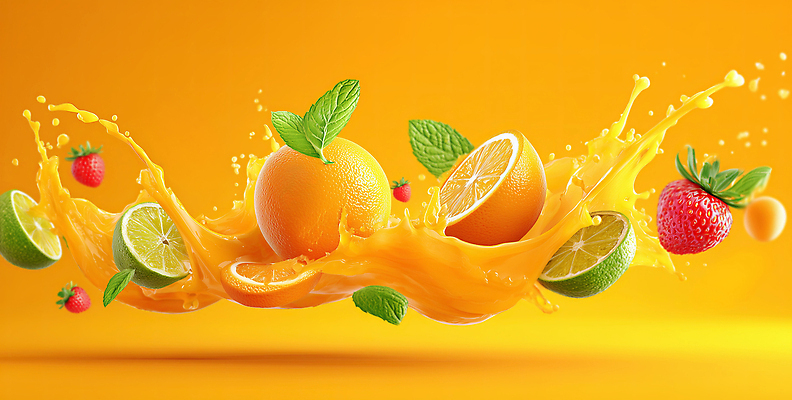 JPG 편집이미지 백그라운드 과일 자연 딸기 노란색 주스 신선 액체 즙 회전 라임 비타민 스플래쉬 이미지편집 AI컴퓨터그래픽 AI콘텐츠 음료 컬러 생태계 영양소 파일형식