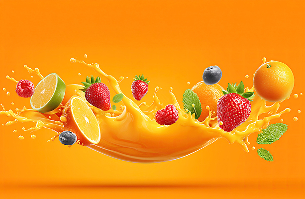 JPG 편집이미지 컬러 백그라운드 과일 자연 딸기 건강 주황색 주스 신선 블루베리 라임 스플래쉬 이미지편집 AI컴퓨터그래픽 AI콘텐츠 음료 생태계 파일형식