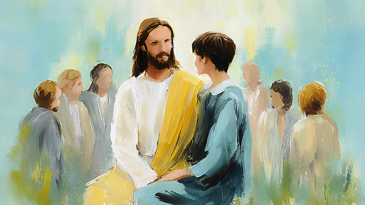 JPG 교육 감정 종교 예술 백그라운드 일러스트 이야기 대화 사람 소년 여러명 만남 표현 예수 그림 장면 화합 제자 교훈 국내일러스트 AI일러스트 AI콘텐츠 남자 어린이 다수 컨셉 말하기 신_종교 파일형식